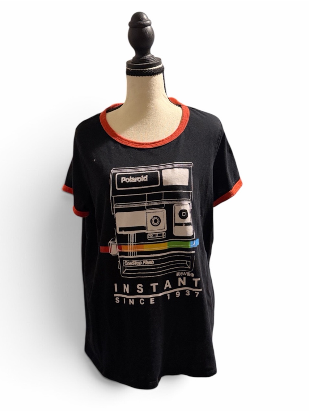 Polaroid Black Tee with Red Trim and Rainbow Accent